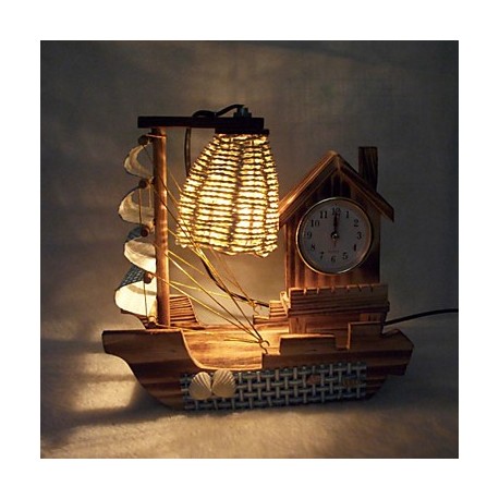 Valentine'S Day Creative Furnishing Articles Gifts Boutique Handicraft Sailboat Wooden With Clock Desk Lamp Led Light