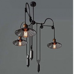 Vintage Pully Pendant Lights 3 Island Foyer Dinning Study Metal+ Galss inside shade