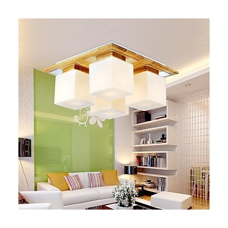 Oak Ceiling Lamp, Four Lights, Oak and Glass, 220~240V (HY9024)