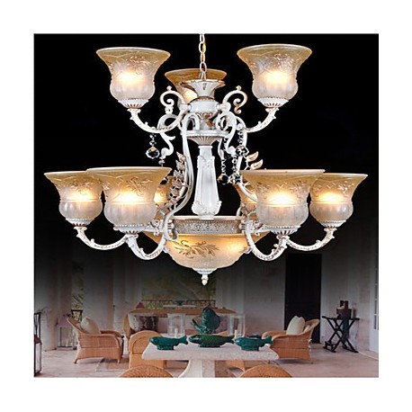 White Chandeliers Twelve-Lights Pattern-Glass-Shade Hand-Gilt European Retro Classic 220V